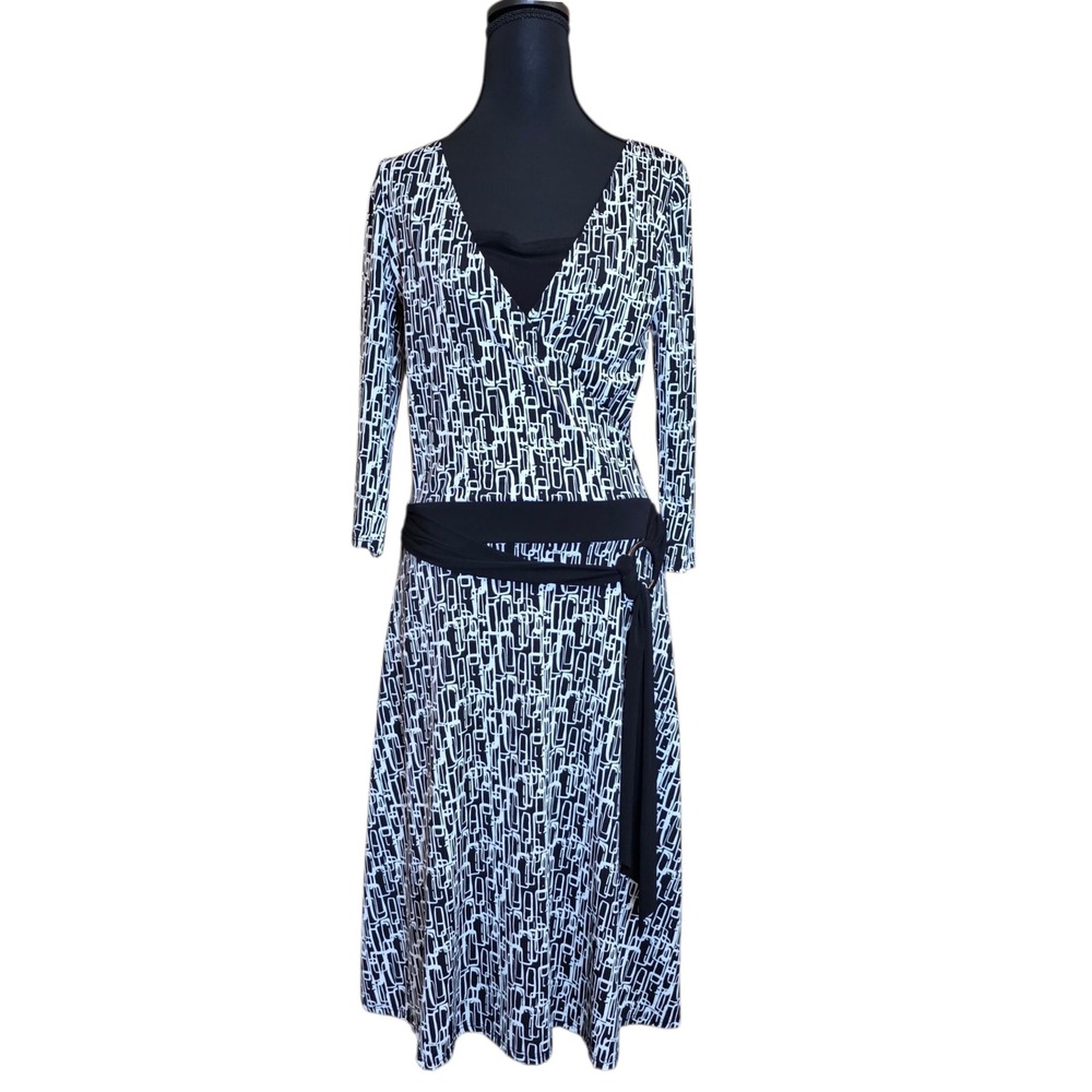 VTG Maurices Wrap Dress Black White Geometric Print 3/4 Sleeve USA Made Retro S‎